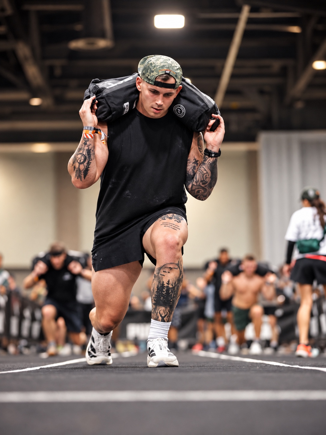 Jake doing sandbag lunges during HYROX